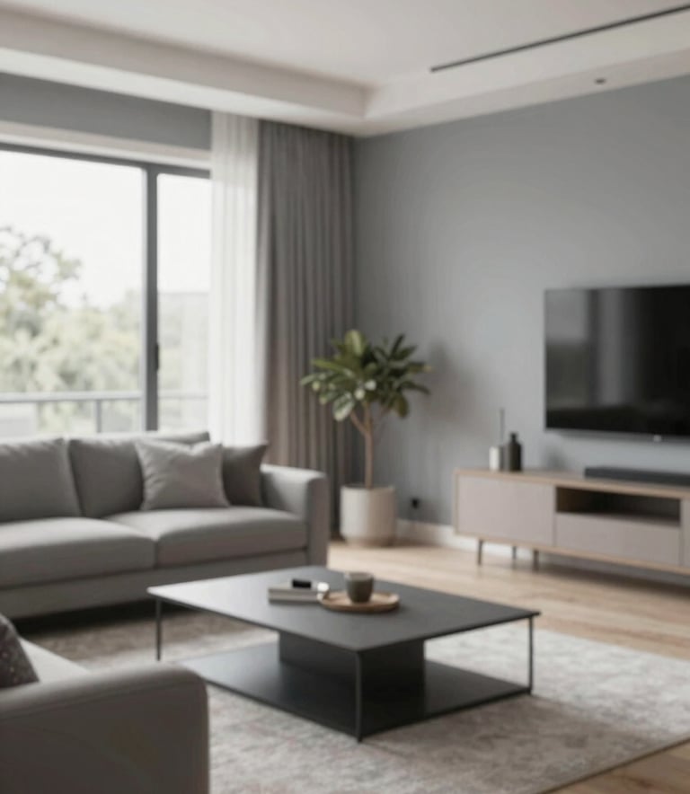 A wide shot of a luxury modern living room with freshly painted walls in a professional soft grey finish. The room is clean, with bright natural light coming from a window. The style is modern and professional, reflecting the high standards of Eliv Pinturas. Subtle brand colors #1E2A3A are integrated into the room's decor.