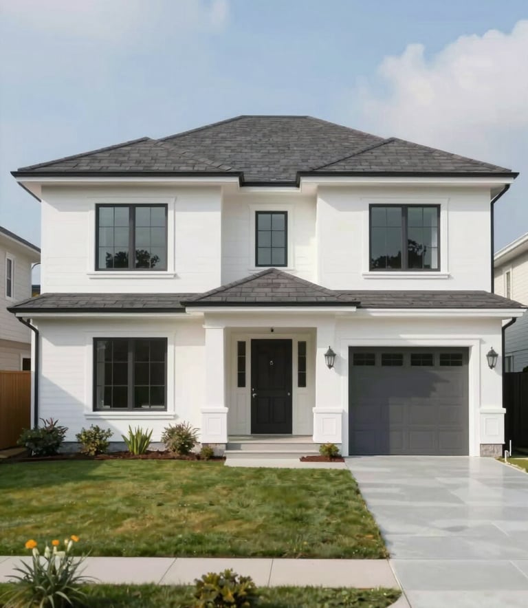 A wide angle shot of a beautiful residential house with a fresh coat of high-quality paint, looking modern and clean. The scene projects trust and high-end craftsmanship.