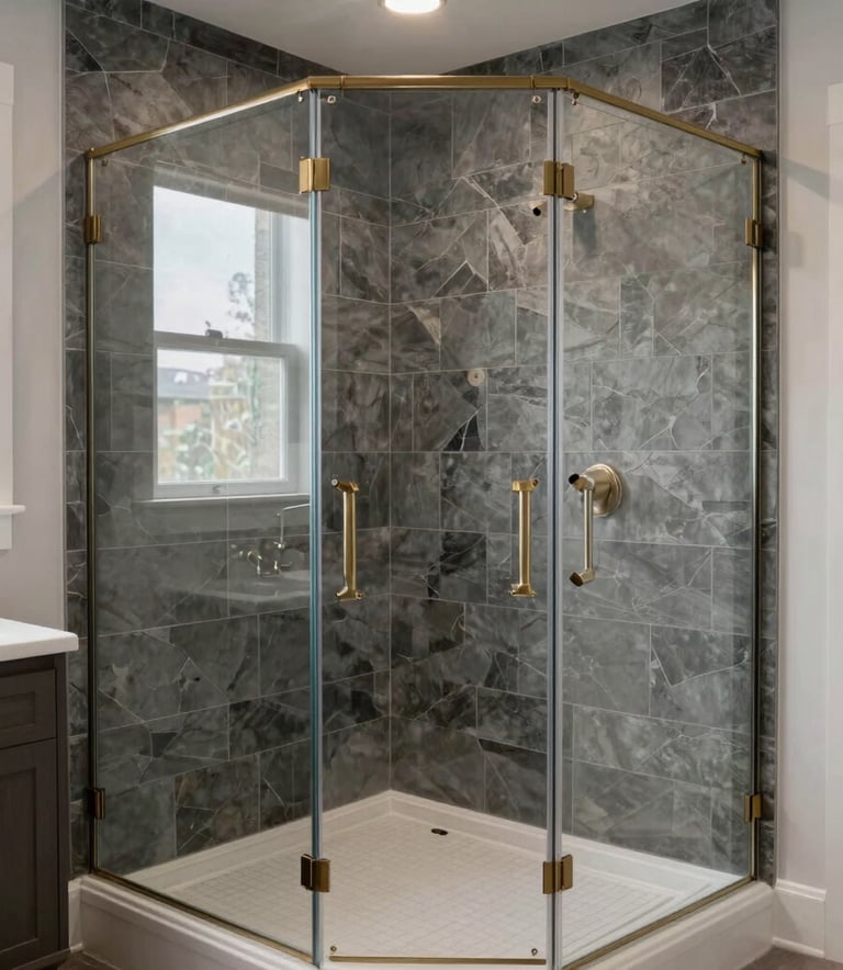 A professionally remodeled bathroom in a North American home featuring a glass walk-in shower with dark grey stone tiles and elegant brushed nickel hardware, bright and airy lighting.