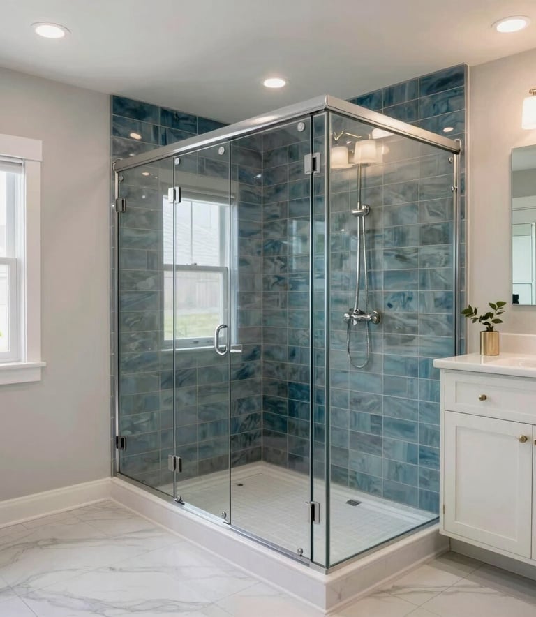 Wide-angle photography of a stunning, newly completed bathroom remodel in a North American / US house, featuring modern glass shower doors, Steel Blue accent tiling, and elegant Off-white cabinetry. Bright and clean aesthetic.