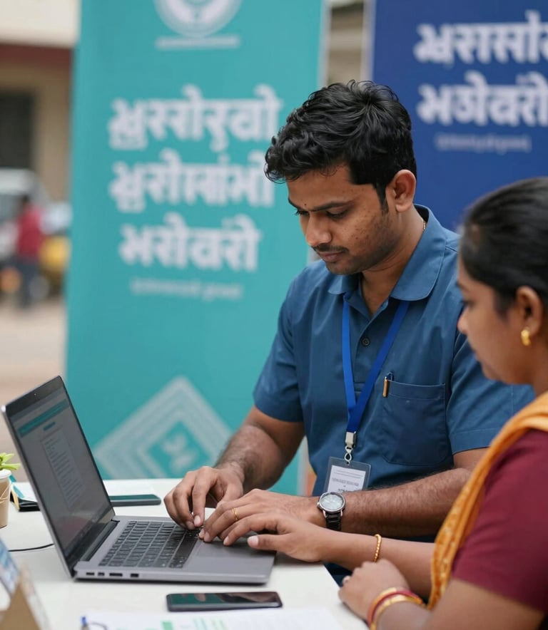 A South Asian / Indian volunteer in a professional uniform helping a worker with digital registration on a laptop. The setting is an outdoor community desk, clean and organized, with a background of soft teal and dark blue foundation banners.