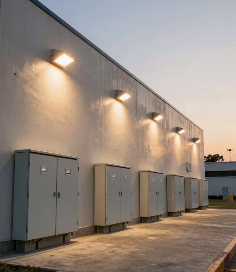 Wide-angle shot of a modern commercial infrastructure in Lima, showcasing perfectly installed outdoor lighting and electrical panels during the golden hour.