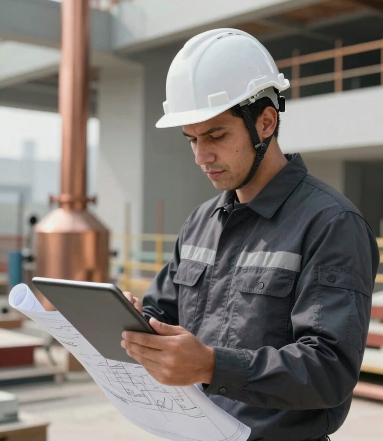 A professional engineer in a dark charcoal uniform and a safety helmet, reviewing a blueprint on a tablet at a modern construction site in Lima. The lighting is bright and professional, with accents of industrial copper in the background equipment.