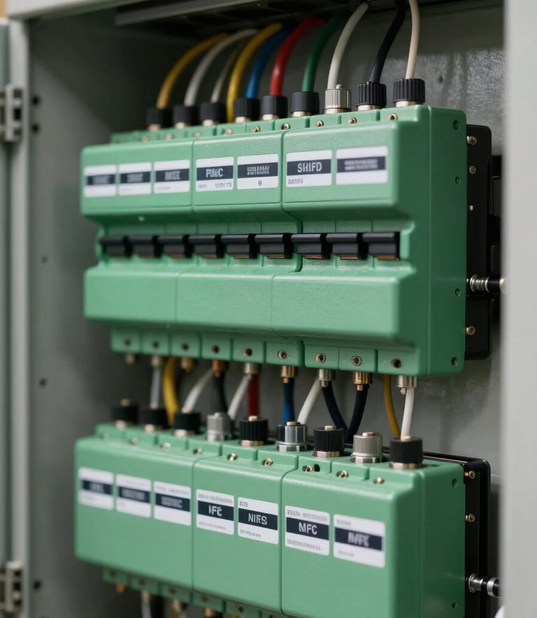 A high-precision close-up of a complex industrial electrical panel. The wiring is meticulously organized, featuring components in technical forest green and labels in elegant black, reflecting high-end engineering standards.