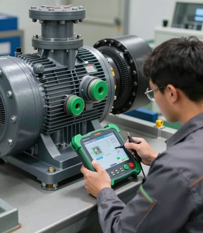 Professional technical inspection of a large industrial water pump system. A technician in a grey uniform is using a diagnostic tool, with technical green accent colors on the machinery.