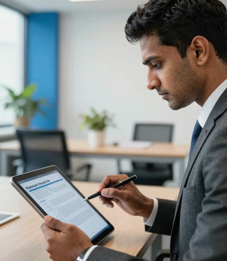 A close-up photograph of a professional interview in progress at a South Asian / Indian consultancy. A focused recruiter is reviewing a candidate's profile on a tablet. The background is a clean, minimalistic office space with professional blue accents and soft-focus greenery, creating a modern corporate feel.