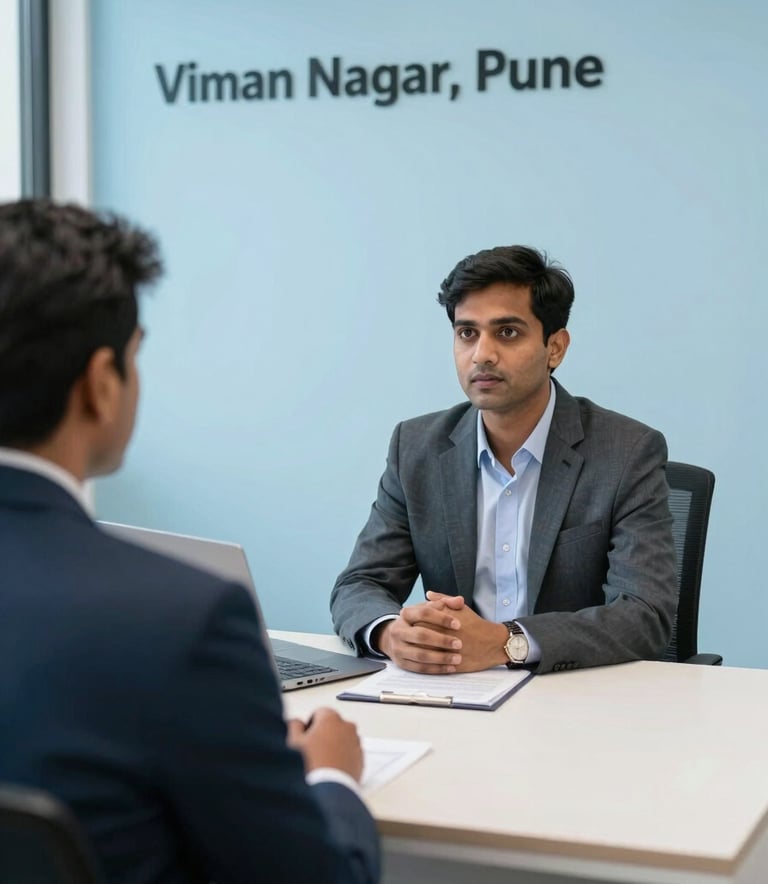 A professional interview session taking place in a minimalist Viman Nagar, Pune office, showing a focused recruiter and a candidate, both South Asian / Indian, with Sky Blue and Pearl White interior details.