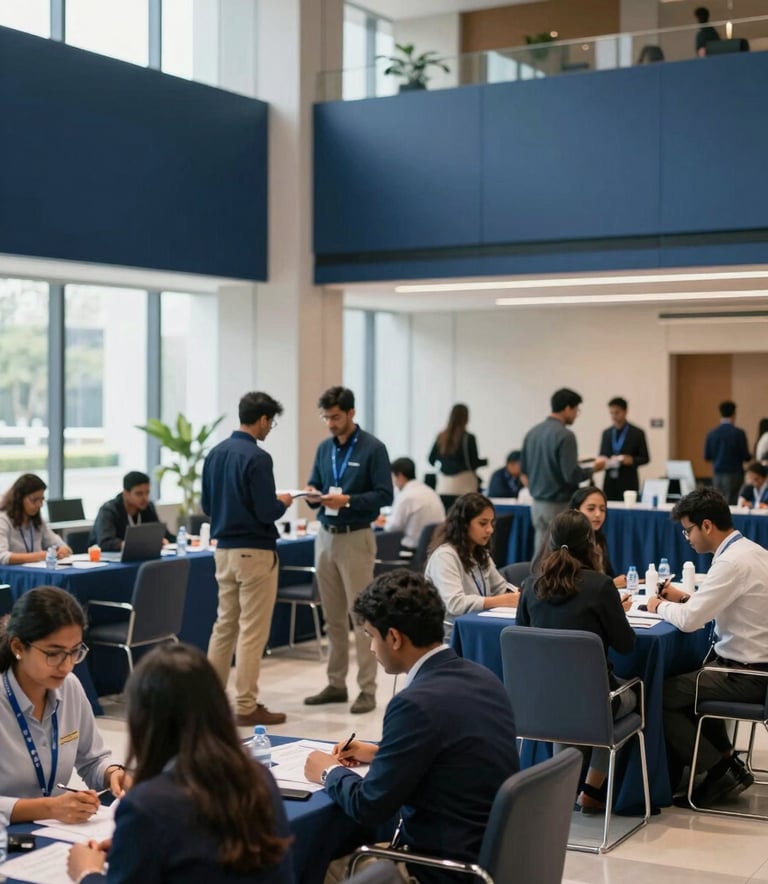 A wide-angle professional photograph of a bustling, modern job fair event in a South Asian / Indian corporate hall, featuring candidates interacting with recruiters, clean minimalistic layout with Navy Blue and Steel Blue accents, bright natural lighting.