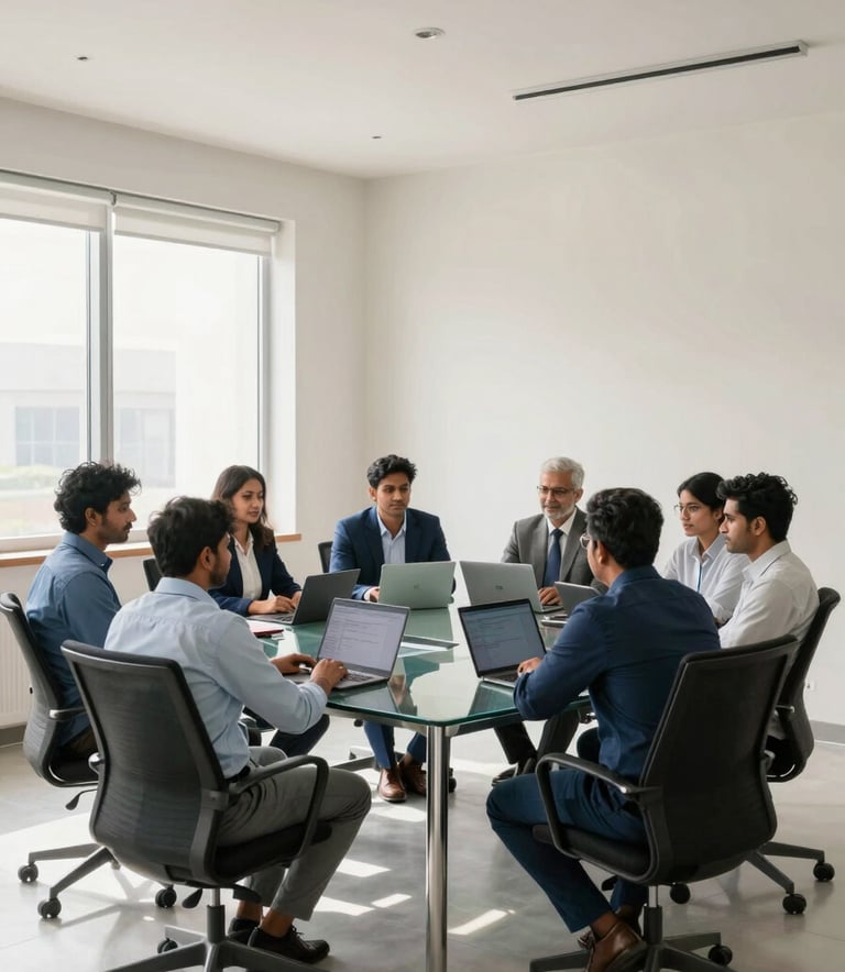 A wide-angle shot of a professional South Asian / Indian team meeting in a bright, modern corporate office. They are gathered around a glass table with laptops, embodying a professional and trustworthy environment. The room is decorated in professional blue and clean off-white tones, with soft natural light streaming through large windows.