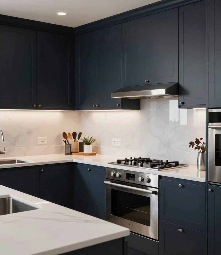 A newly renovated modern kitchen in a Southern European / Spanish residence, with dark navy cabinetry, white quartz countertops, and high-end stainless steel appliances, professional architectural photography style.