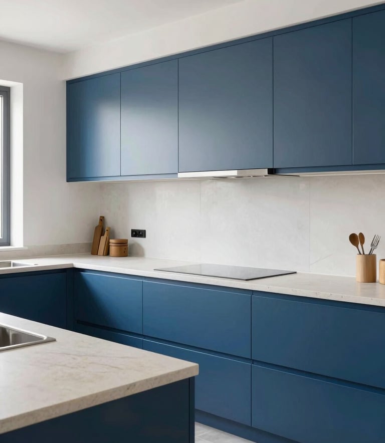 Photography of a modern kitchen renovation project in a Southern European / Spanish home. The scene shows a clean, bright space with steel blue cabinets and off-white stone countertops. The style is contemporary and professional, showcasing the quality of work.