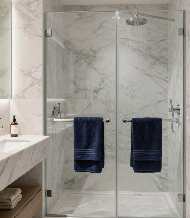 A luxury modern bathroom renovation in a Southern European / Spanish home, featuring marble walls, a walk-in rain shower, and elegant dark navy blue towels, clean and bright natural lighting.
