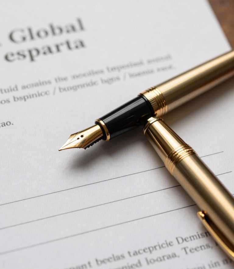 A close-up photograph of a high-end gold fountain pen resting on a crisp white legal document. The lighting is warm and directional, highlighting the metallic texture and the sophisticated atmosphere of a professional office. Global / Spanish-speaking context.