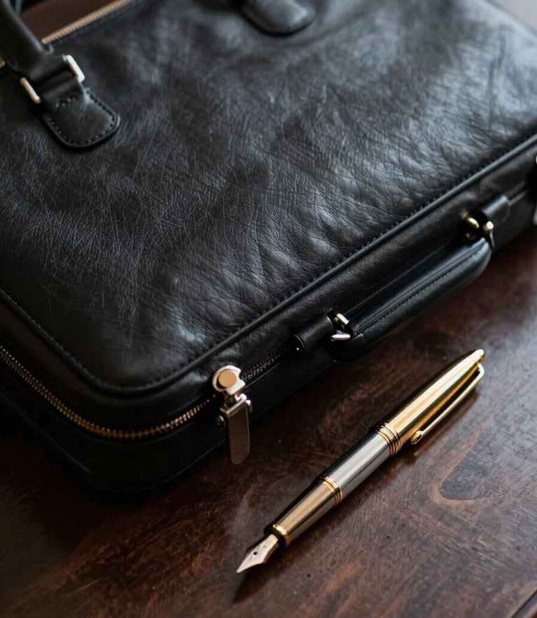 A close-up photograph of a high-quality leather briefcase and a refined gold-nibbed pen resting on a dark walnut desk. The lighting is cinematic and focused, highlighting textures of leather and metal. Minimalist and premium atmosphere. Global / Spanish-speaking professional context.