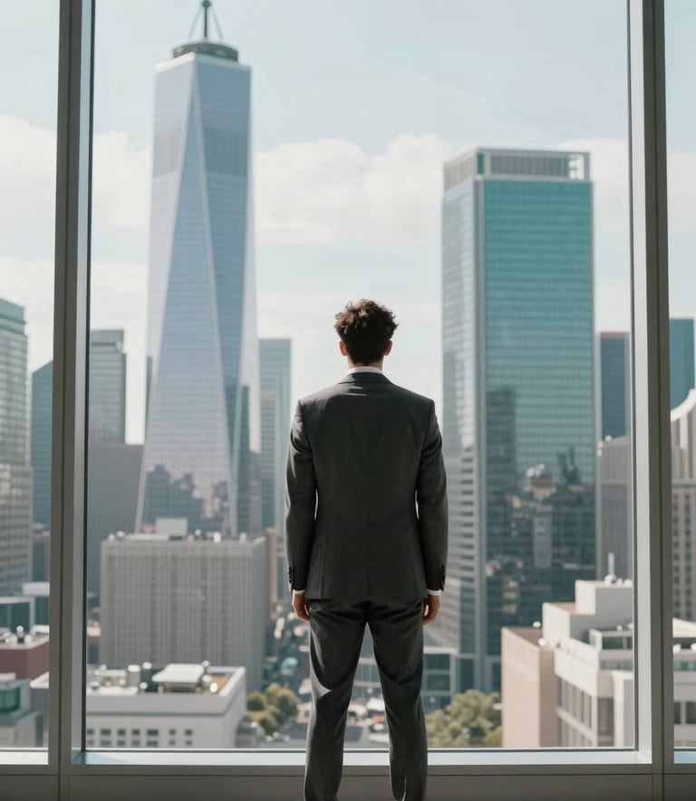 Photography of a professional in a sharp business suit standing before a large floor-to-ceiling window overlooking a majestic financial skyline. The color palette is dominated by light grayish blue and deep teal. Global / Spanish-speaking.