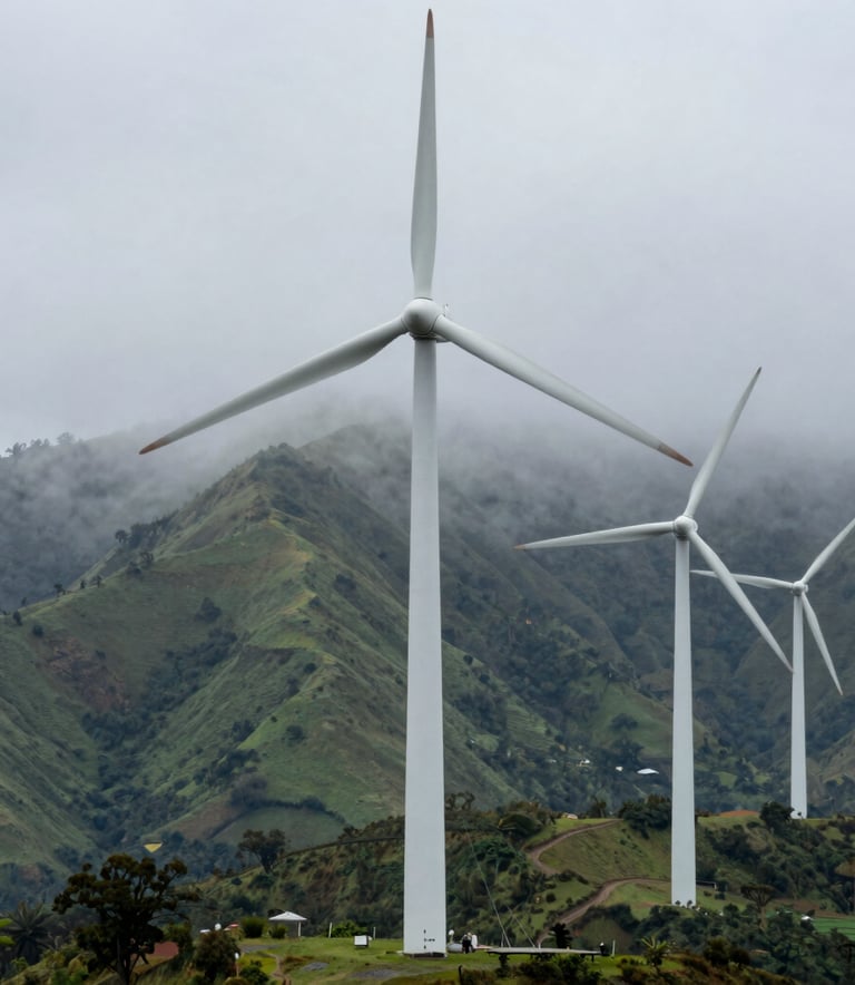 Sleek white wind turbines standing tall amidst a lush green mountain landscape in Latin America, morning mist, harmonious nature and clean industry photography.