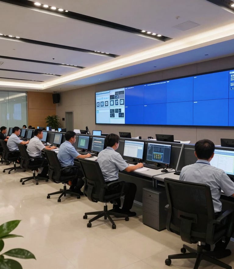 A wide-angle shot of a modern security command center in a North American corporate headquarters, with professional staff monitoring slate blue screens in a high-tech atmosphere.