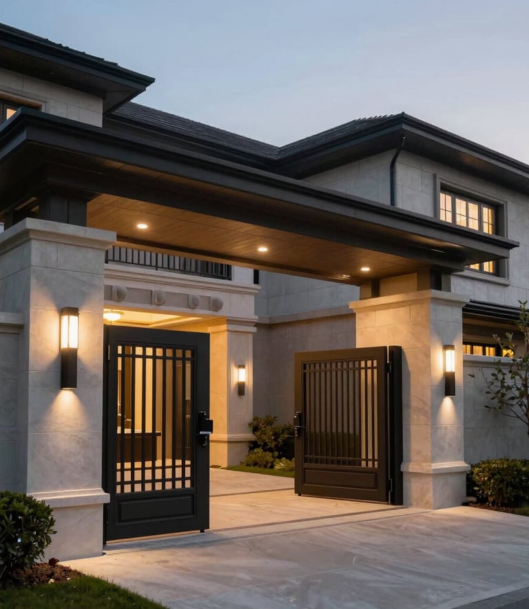 The exterior of a luxury North American residence featuring a modern gated entrance and visible high-tech surveillance cameras, dusk lighting.