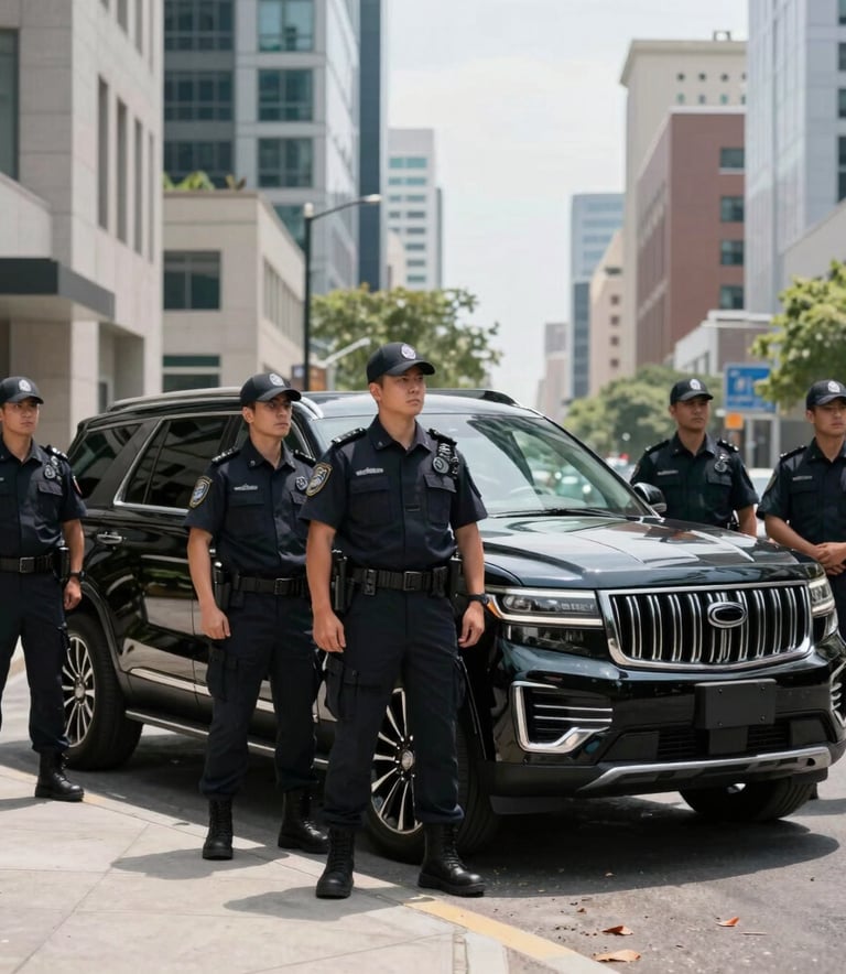A team of security professionals in dark uniforms standing beside a sleek black SUV parked in a modern North American urban district, bright daylight.