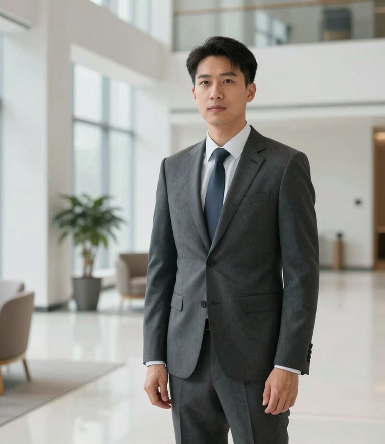 A professional security consultant in a tailored dark gray suit standing confidently in a bright, minimalist North American corporate lobby, soft natural lighting, modern architecture.