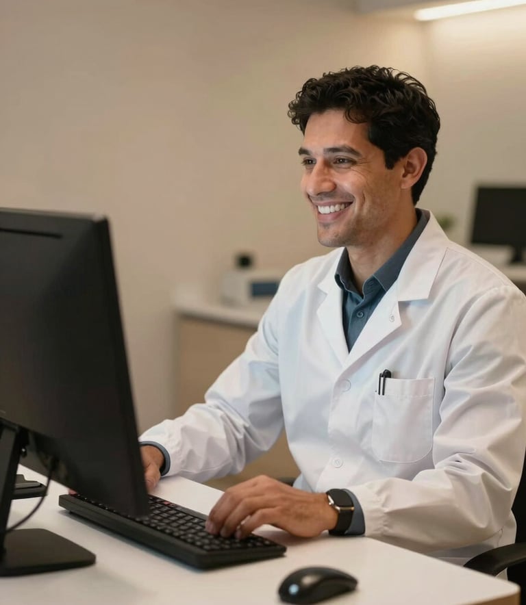 A professional South American dentist smiling while conducting a tele-consultation on a sleek computer monitor, high-tech and warm office environment, professional attire, soft lighting.