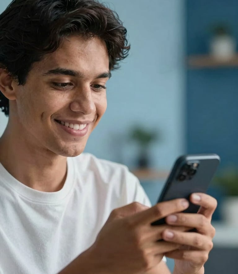 A close-up photograph of a smiling person in a modern South American Brazilian home, looking at their smartphone with an expression of trust and relief. The background is soft-focused with clinical blue tones from the brand palette, like light blue and dark blue, creating a warm yet professional atmosphere.