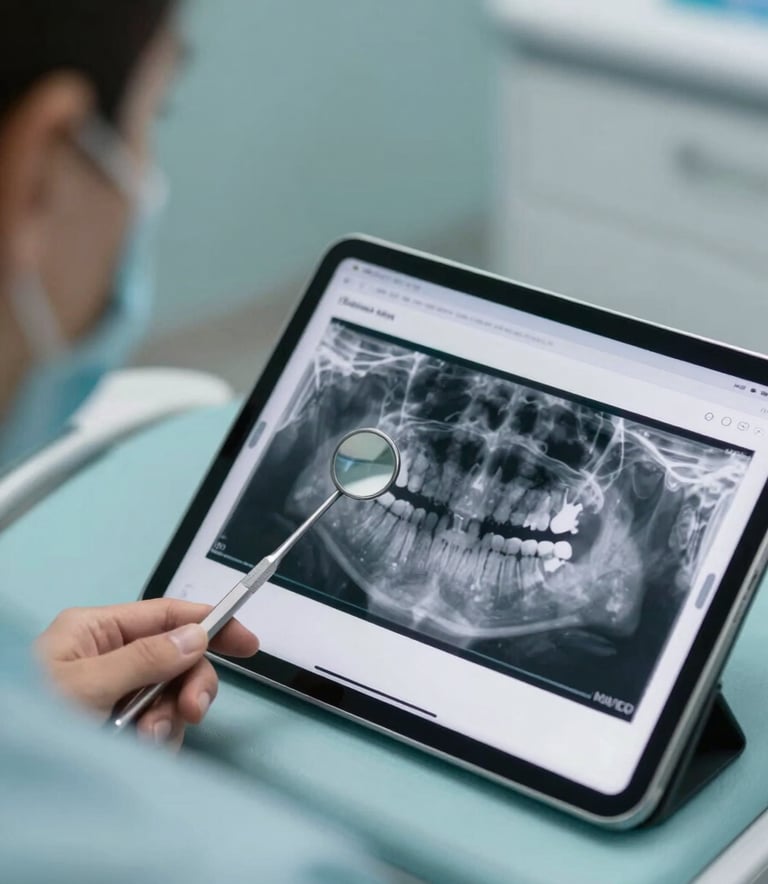 Close-up of a professional dental mirror and a modern tablet displaying a clear dental X-ray, sterile clinical environment in a South American clinic, soft professional lighting, shades of muted teal and light blue.