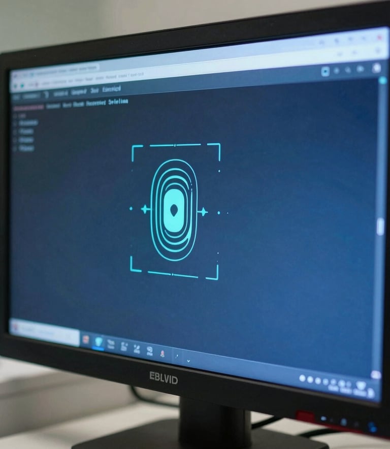 Close-up photography of a secure biometric interface on a high-definition medical monitor in a professional North American clinical office. The screen displays data in medium blue and deep blue tones.