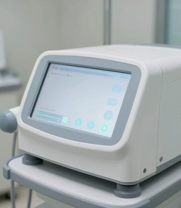 Detailed photography of a high-tech medical device with clean white surfaces and subtle light blue indicators, set in a sterile clinical environment in North American / US, soft natural lighting.