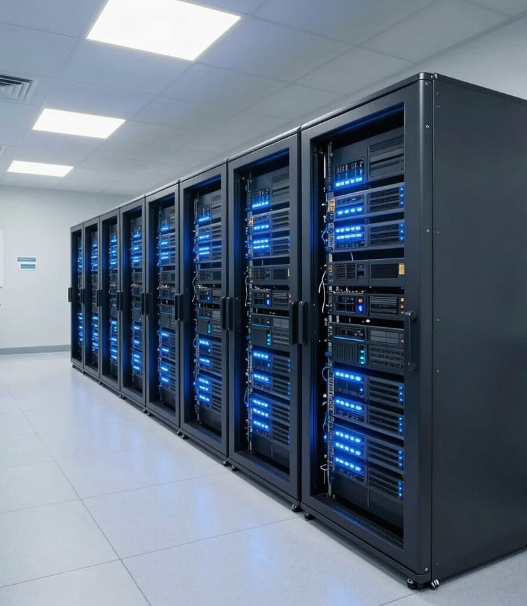 A wide angle shot of a clean, brightly lit North American hospital data center with glowing blue server racks, modern clinical precision, and soft white lighting.