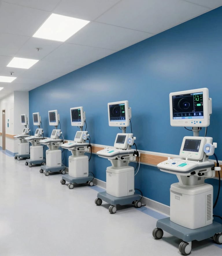 Professional wide-angle photography of a clean, modern North American hospital corridor. Cool white clinical lighting highlights advanced digital patient monitoring screens mounted on deep blue walls.