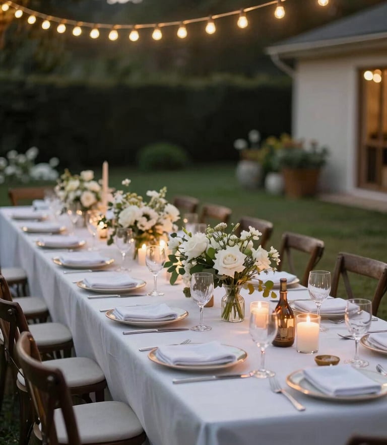 A professionally captured photograph of a beautifully set long dinner table at an outdoor wedding in a North American garden at dusk. Warm string lights are hanging above. The focus is on the elegant table settings and the welcoming atmosphere, with no clear faces visible.
