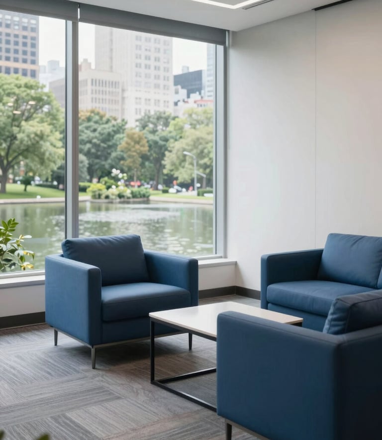 A bright and airy high-end office consultation room in North America / US. The scene features clean lines, steel blue upholstery, and a large window overlooking a calm city park. The lighting is soft and natural, emphasizing a professional and secure environment.