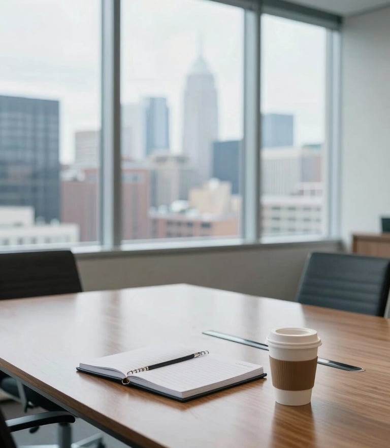 A clean, bright North American corporate board room with a large glass window overlooking a city skyline. A notebook and a cup of coffee sit on a polished wooden table. The atmosphere is professional and secure, emphasizing discretion with cool blue and off-white tones.