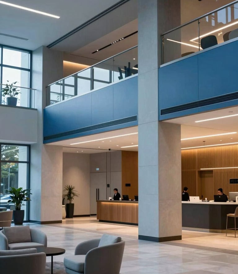 An elegant, modern lobby of a North American / US corporate event center. The interior design features steel blue and light blue accents, minimalist furniture, and a welcoming, quiet atmosphere under warm evening lights.