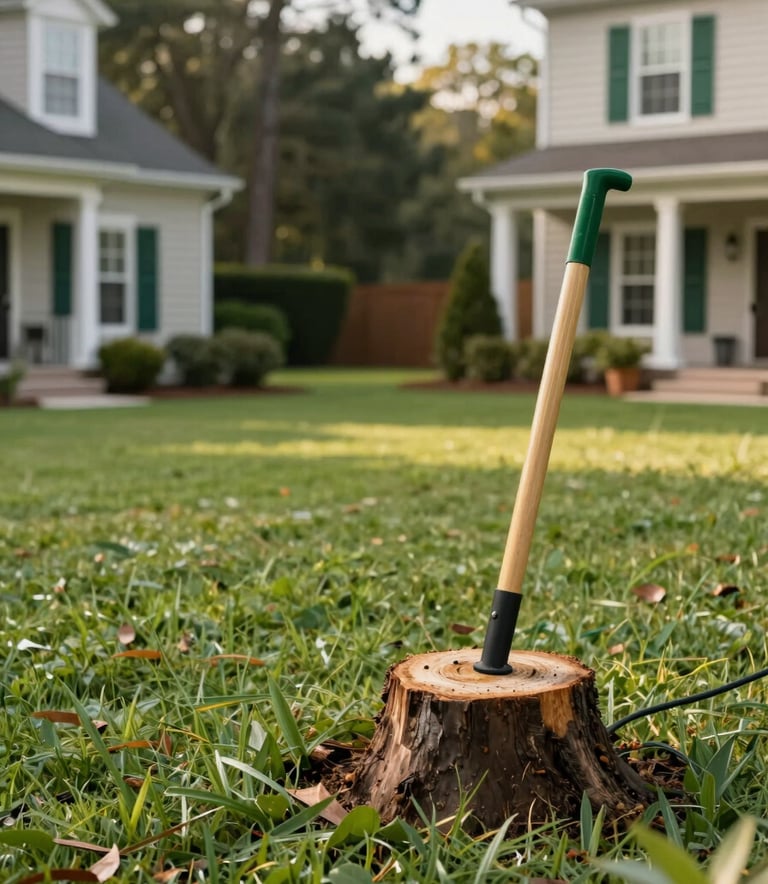 A pristine, clean residential backyard in South Carolina after a professional stump grinding service. The lawn is perfectly clear of debris, emphasizing the 'clean job site' promise. Soft afternoon lighting, serious and high-quality photography, incorporating the brand colors of deep green #2F5C3E and warm gold #B1976D.