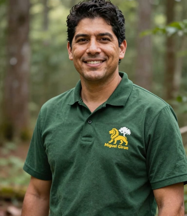 A premium portrait of Miguel Giron, a Latino immigrant arborist with a friendly yet professional expression. He is standing outdoors with a backdrop of beautiful South Carolina woodland. He wears professional arborist gear with a visible lion and tree emblem logo. The style is trustworthy and approachable, using a palette of deep greens (#1A2C21, #2F5C3E) and natural light.