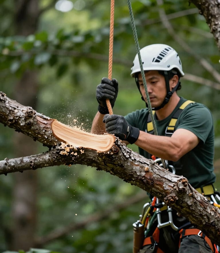 A close-up action shot of a professional tree trimming project. Sawdust in the air, a clean cut on a branch, with safety ropes visible. High-end, trustworthy photography reflecting technical expertise. Palette emphasizes deep forest green #1A2C21 and natural wood tones.