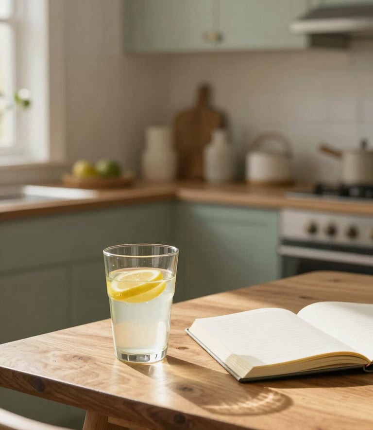 A bright and inviting North American home interior where sunlight streams onto a wooden table holding a glass of lemon water and a journal. The atmosphere is professional and modern, emphasizing positive lifestyle choices and natural well-being with cream and sage green accents.