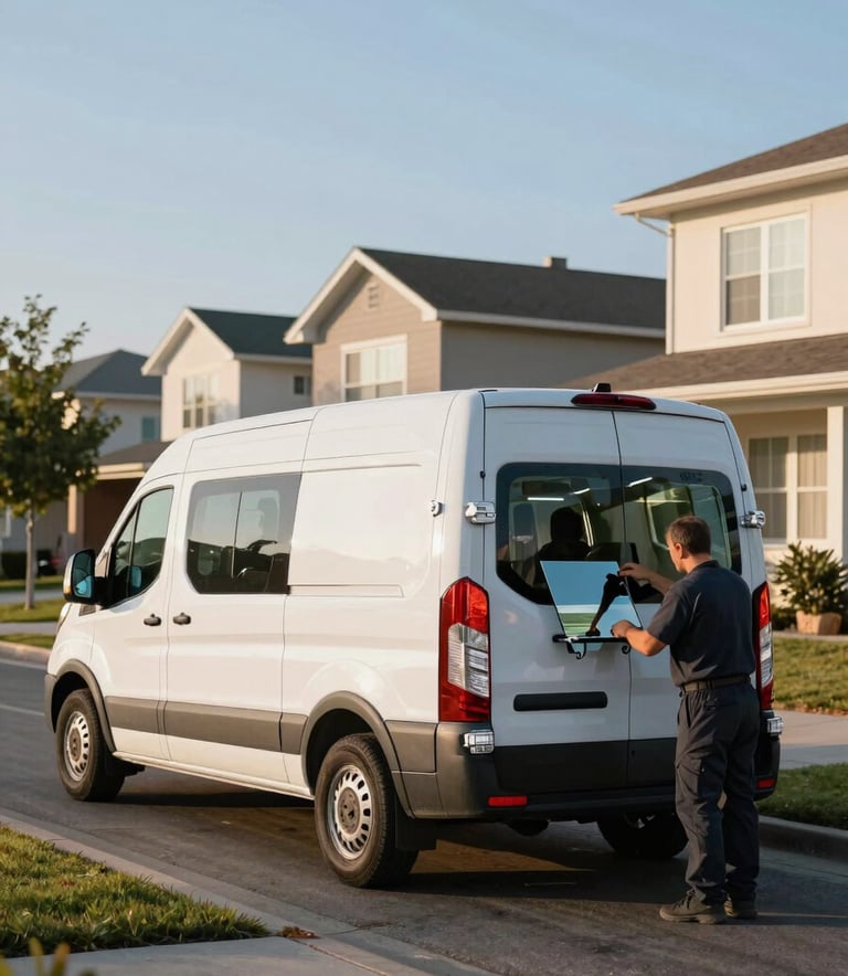 A clean, white mobile service van with professional branding parked on the side of a modern North American suburban street. A technician is seen at the back of the van organized with glass repair equipment. The scene is bathed in warm, natural morning light with a clear light blue sky.