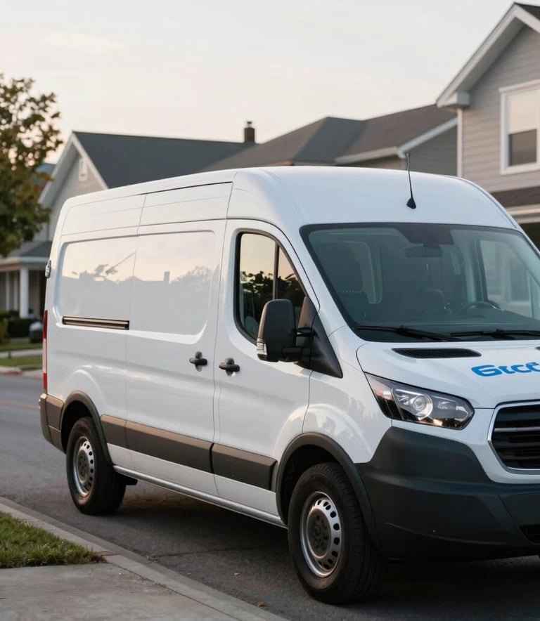 A clean, modern white auto glass service van with subtle blue branding parked on a tidy suburban street in North America, soft morning light, professional photography.