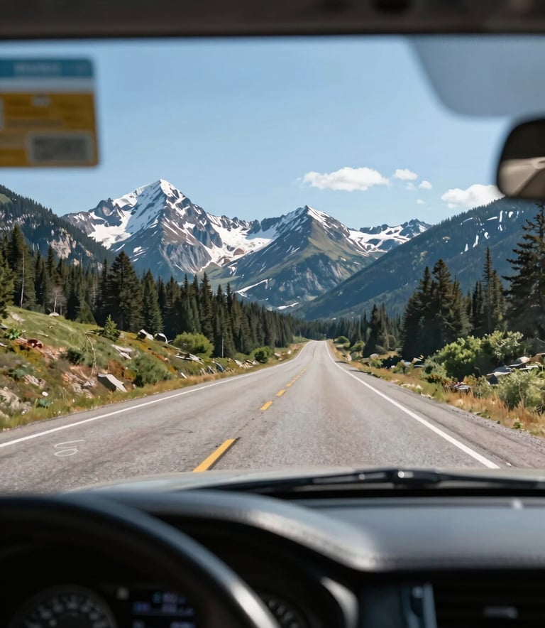 A view through a crystal clear, newly replaced windshield looking out at a scenic North American mountain road, bright and sharp focus, professional automotive photography.