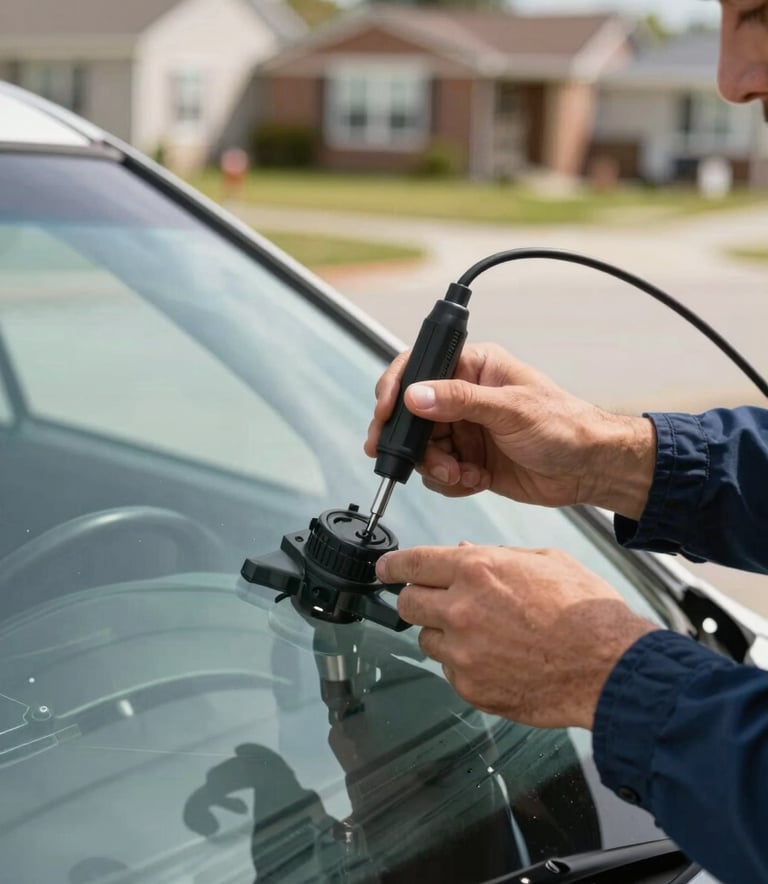 A close-up photograph of a professional technician's hands applying a precision tool to a vehicle's windshield in a bright, North American outdoor setting. The lighting is crisp and clear, highlighting the transparency of the glass. The technician wears a dark blue uniform sleeve. The background is a soft-focus residential neighborhood.