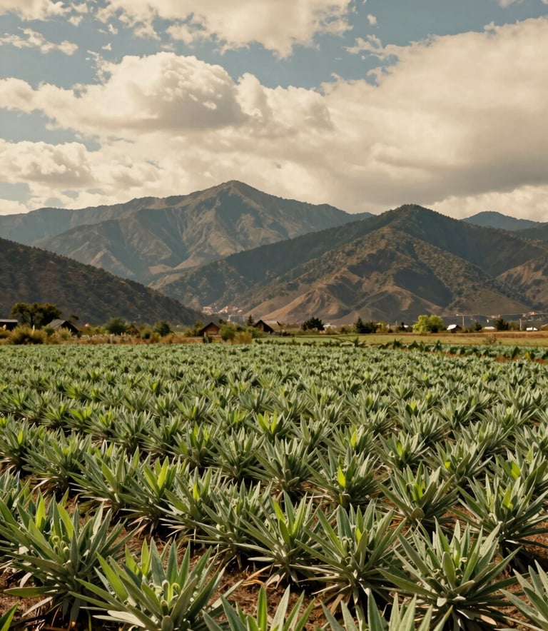 A wide, landscape photograph of a traditional medicinal herb garden at the foot of a mountain range. The scene is dominated by vibrant sage green foliage and warm cream clouds in a calm sky. Clean, modern aesthetic with a warm, inviting heritage feel.