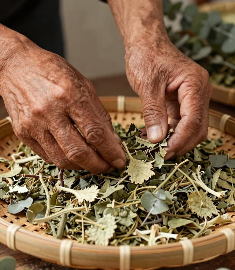 Close-up photography of weathered hands of a local farmer gently sorting dried herbal leaves on a handmade bamboo tray, warm natural lighting, earthy eucalyptus green tones in the background.