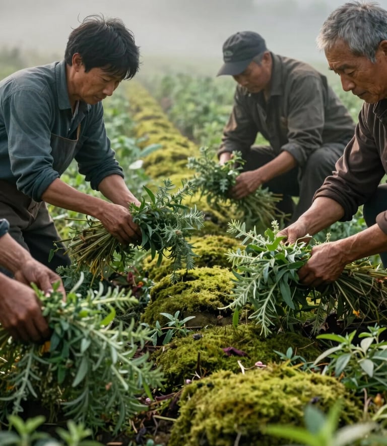 A focused shot of local farmers' hands carefully harvesting medicinal herbs in a lush, misty field. The color palette features deep forest green and soft moss green. The lighting is soft, natural morning light, conveying a sense of earthy professionalism and community heritage.