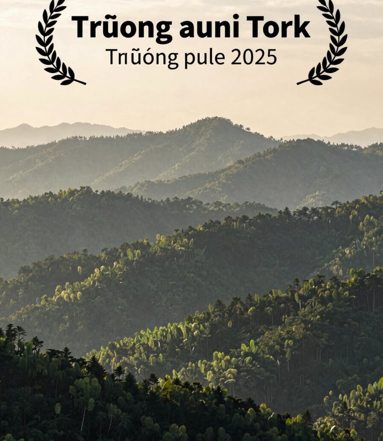 A wide-angle landscape shot of the Trường Sơn mountain range at dawn, layers of forest in dark forest green and eucalyptus green under a mist-filled soft cream sky, professional photography.