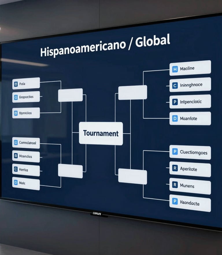 Professional high-angle shot of a sleek tournament bracket displayed on a modern glass screen in a tech-driven office, deep navy and pale blue lighting, Hispanoamericano / Global setting.