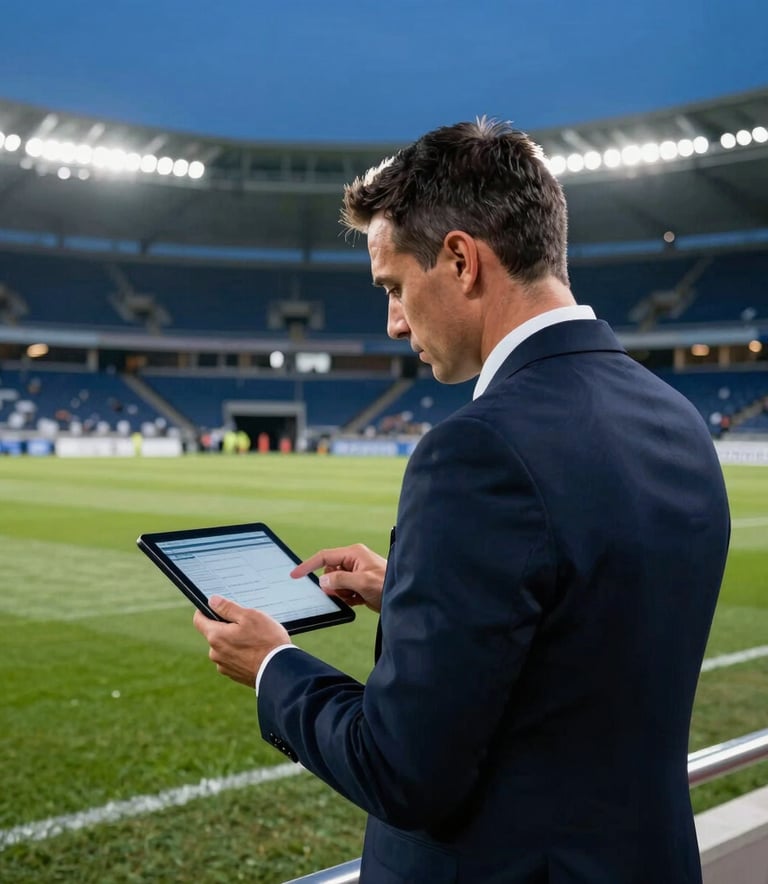 An over-the-shoulder shot of a sports administrator in professional attire looking at a digital tablet on a football pitch sideline, evening stadium lighting with Deep Blue and Steel Blue tones, Hispanoamericano / Global setting.