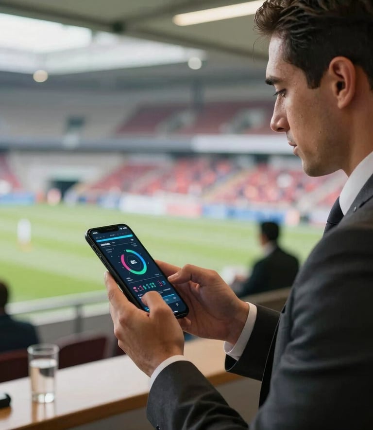 A professional sports manager in a modern suit holding a smartphone, looking at a data-rich interface with focus, blurred background of a stadium lounge, Hispanoamericano / Global.